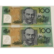 AUSTRALIA 2008 . ONE HUNDRED 100 DOLLARS BANKNOTES . STEVENS/HENRY . FIRST and LAST PREFIX